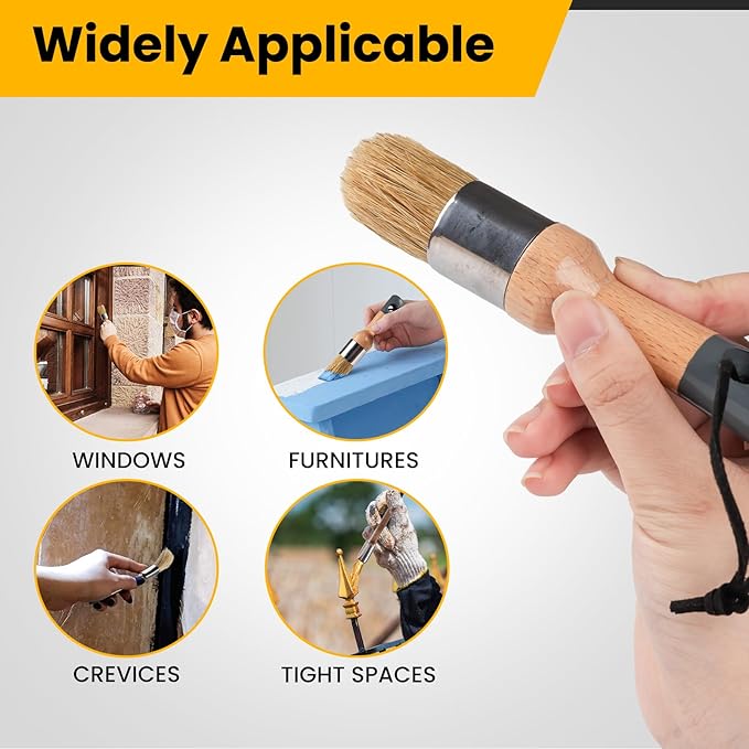 Chalk Paint Brushes Set of 4, Wax Brushes, Flat Pointed and Round Brush with Natural Bristles for Chalk Paint and Wax, Perfect for Painting or Waxing Furniture, Ideal for Home Decor