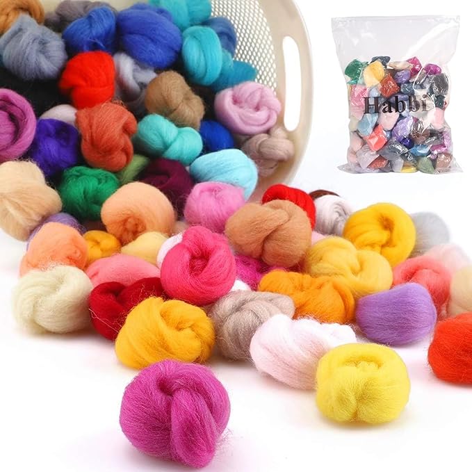 Habbi 100 Colors Needle Felting Wool - Fibre Wool Roving for DIY Craft, Needle Felt Roving for Spinning Blending Custom Colors