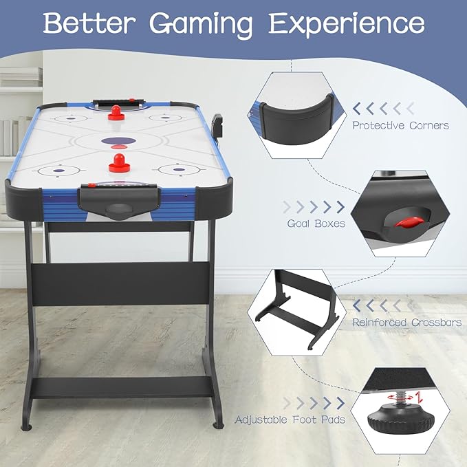 58" Foldable Air Hockey Table, Folding Indoor Hockey Game Table for Adults&Kids, Portable Arcade Game Set w/ 2 Pucks, 2 Pushers, LED Scorer, Powerful by 12V Motor for Game Room, Home, Office