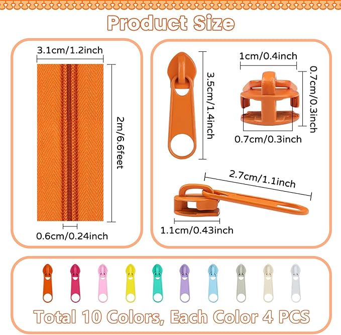 DOITEM 22.2 Yards/ 20 m 10 Pieces Assorted Colors #5 Nylon Coil Zippers, Sewing Zippers Endless Zips with 40 Pieces Zipper Sliders Zip Heads for Sewing Tailor Craft Supplies