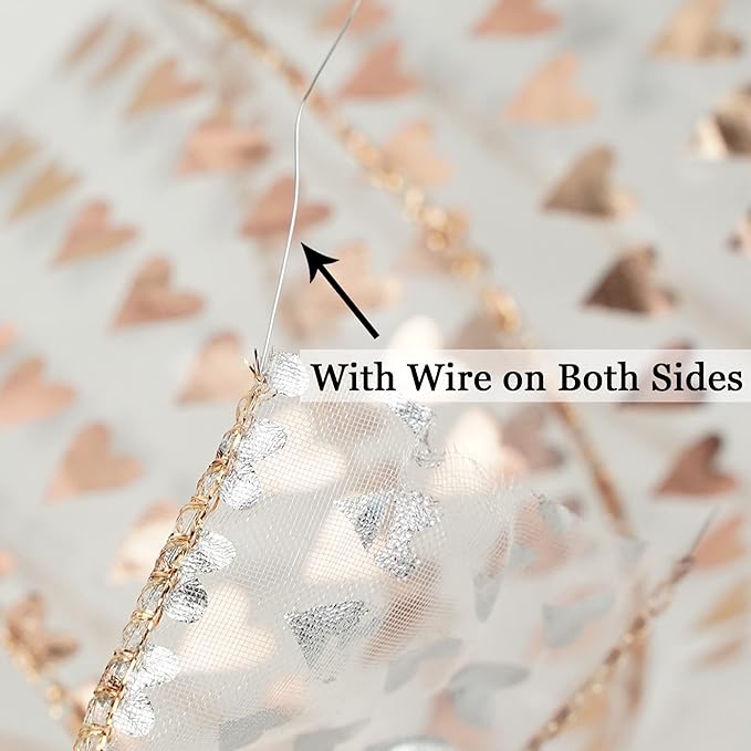 MEEDEE Heart Wired Ribbon - 2.5 Inch Rose Gold & Pink Sheer Organza Ribbon, 25 Yards Roll, Perfect for Valentine Bows & Decor