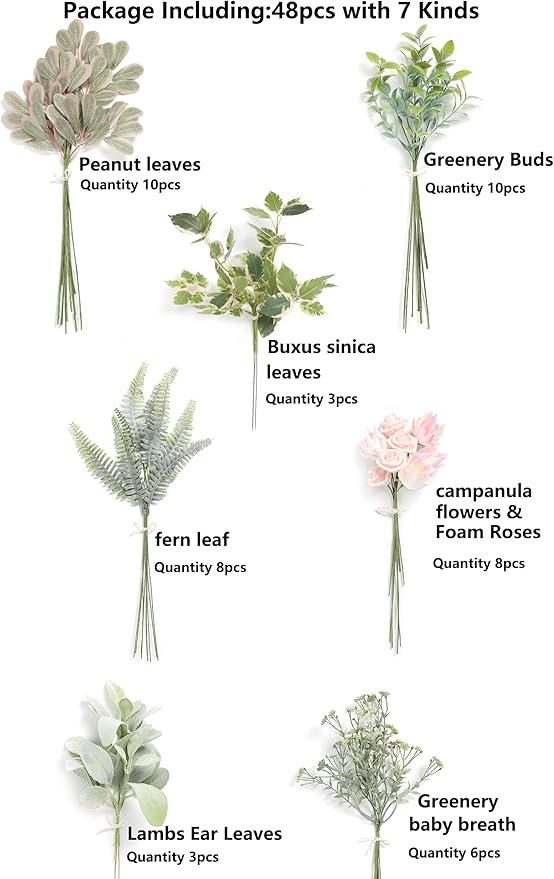 Serra Flora Artificial Greenery Spray Box Set(Pack of 48pcs) with 7 Kinds of DIY Wedding Bouquet Filler Table Centerpieces and Floral Arrangement