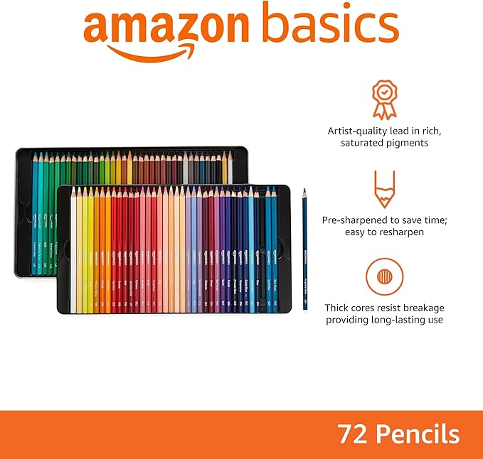 Amazon Basics Colored Pencils for Coloring and Drawing, Premium, Soft Core, Back to School Supplies, 72 Count (Pack of 1), Multicolor
