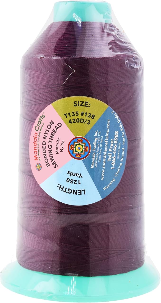 Mandala Crafts Bonded Nylon Thread Burgundy Heavy Duty Sewing Threads - 1250 YDs Size 138 420D T135 Tex 135 Thread for Leather Jeans Weaving Outdoor Marine Upholstery Threads