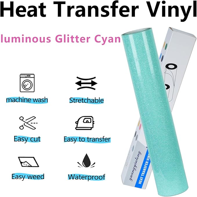 guangyintong Glow Glitter Cyan Heat Transfer Vinyl HTV Rolls, 12" x 8ft Iron on Vinyl for T-Shirts, Glitter HTV Vinyl for All Cutter Machines Easy to Cut & Weed for DIY Design