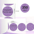 1.5" Holographic Direct Thermal Label Stickers, Round Printable Thermal Printer Sticker Labels for Gift Wrapping, Self-Adhesive- Glitter Purple