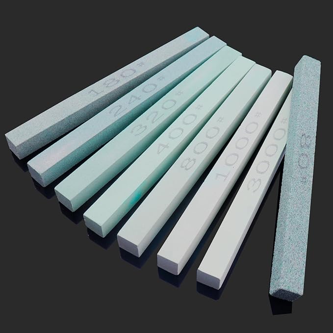 8 pcs Rectangular Shaped Sharpening Stone Sticks Set, 5.92inch Green Silicon Carbide Stones, Grit Sizes 80#-3000# for Models, Metal, & Knife Cutting Tools