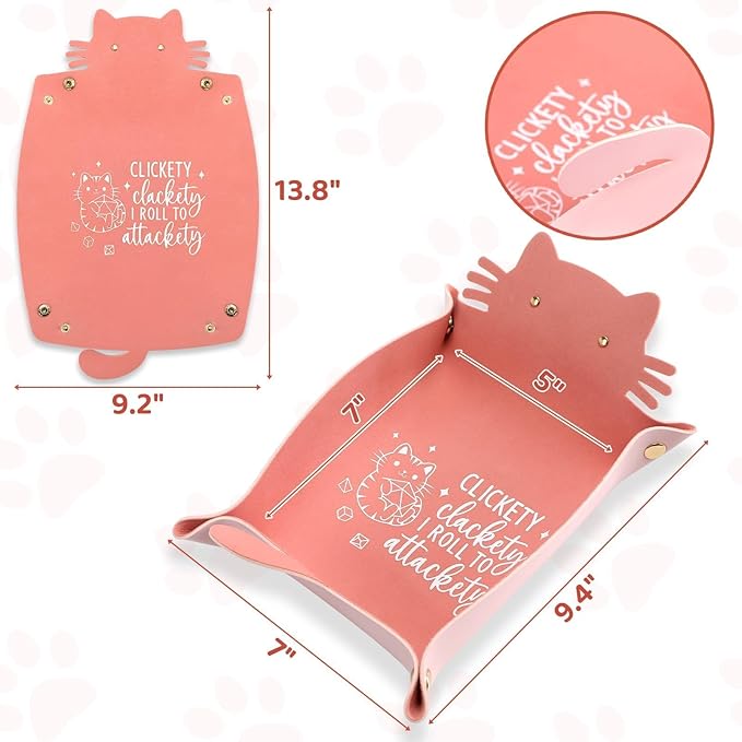 Cat Dice Tray Pinkk for Rolling Funny Folding Leather Dice Tray Portable Travelling Dice Storage Accessories Decorative Desk Organizer for RPG, DND Game Players