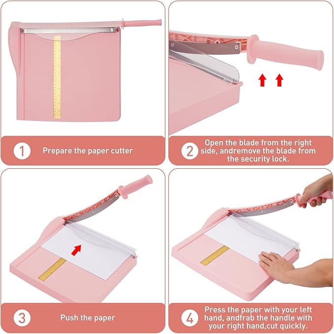 Paper Cutter, Paper Slicer with Safety Guard and Blade Lock, 12" Cut Length Guillotine Paper Cutter with 16 Sheet Capacity, Paper Cutters and Trimmers for Cardstock Cardboard (Pink)