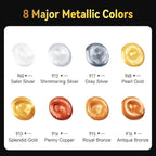 AUREUO Metallic Acrylic Paint Set - 8 Essential Colors 0.71 Fl Oz / 21ml Tubes Gold Silver Art Paints for Crafts Decor Rich Pigments Non-toxic Painting Supplies for Artists