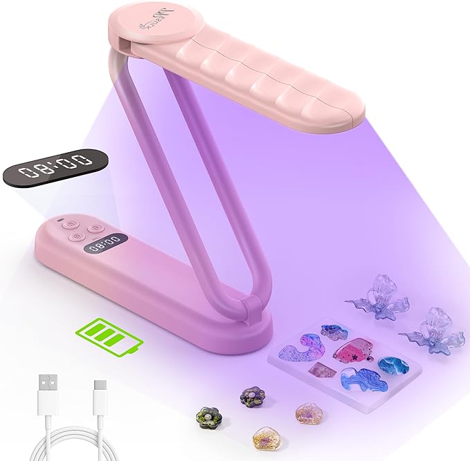 PPESULK UV Light for Resin Curing, 3000mAh Rechargeable Fast UV Resin Lamp with Timer and 34 Beads, Cordless Portable Resin Curing Machine for Resin Molds, Jewelry Making & DIY Crafts(Pink)