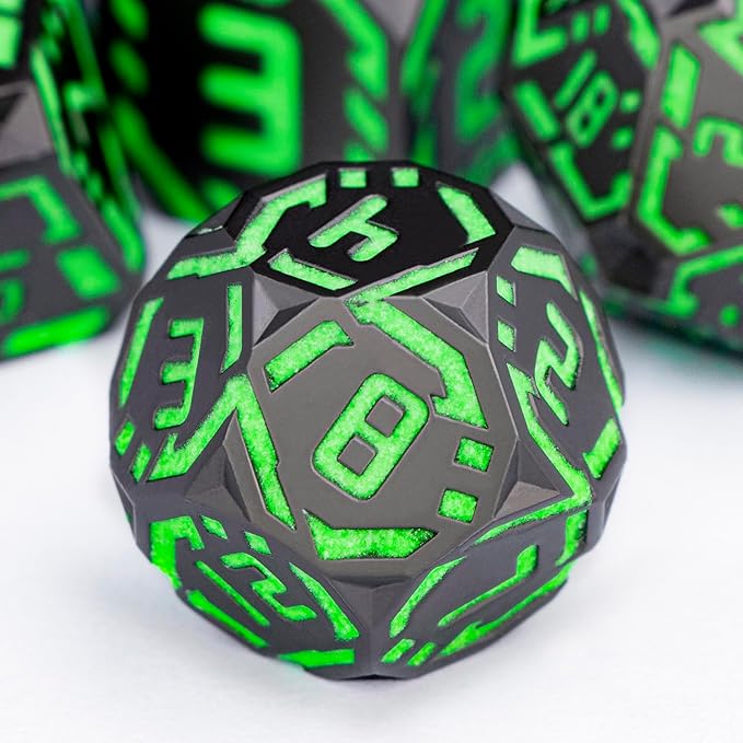 Metal DND Sci-fi Dice Set 7PCS Luminous Green Stripe Polyhedral Dice for Dungeons Dragons RPG Role Playing Game, Glitter D and D Dice with Gift Box D6 D8 D10 D12 D20