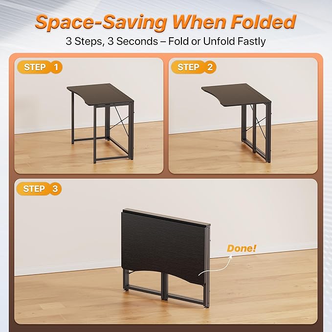 Huuger Folding Desk for Small Spaces, 31.5 Inch Foldable Computer Table, for Home Office, Study, Bedroom, Dorm, Space Saving, Small Writing Work Office Computer Desk, Easy to Fold, Black