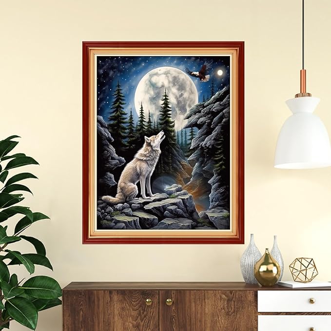 Funchey Stamped Cross Stitch Kits, DIY Cross Stitch Pattern for Adults Beginners Needlepoint Kits Embroidery Kit Arts and Crafts 11CT-Moon Wolf 16x20 inch