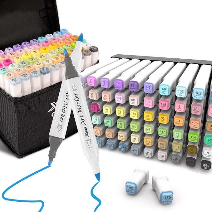 XSG Alcohol Markers,60 Colors Dual Tip Brush & Fine Tip Art Marker Set,for Blending & Shading,Ideal for Coloring Books & Professional Artwork,Includes Blender Pen & Portable Case,Ideal for All Ages