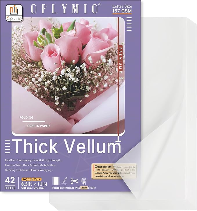 Thick Translucent Vellum Paper, Oplymio 42 Sheets 167GSM Printable Vellum Paper for Invitations, Envelopes, Heat Embossing, Belly Bands(8.5 x 11 Inches)