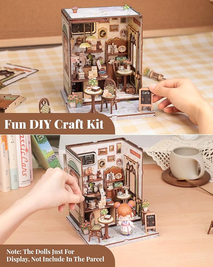 CUTEBEE Book Nook Kit - DIY Miniature House Dollhouse Kit for Adult and Teens, Booknook Bookshelf Decor Alley Model Build with LED Light, Gifts for Family and Friends (Sunny Cafe)
