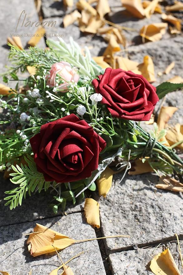 Floroom Artificial Flowers 25pcs Real Looking Burgundy Foam Fake Roses with Stems for DIY Wedding Bouquets Red Bridal Shower Centerpieces Party Decorations