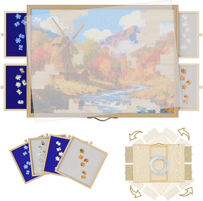 1500 Pcs Adjustable Jigsaw Puzzle Board with Drawers and Cover, 33.3"x24.3" Rotating Puzzle Table with Lazy Susan, Frame for Wall Art Display