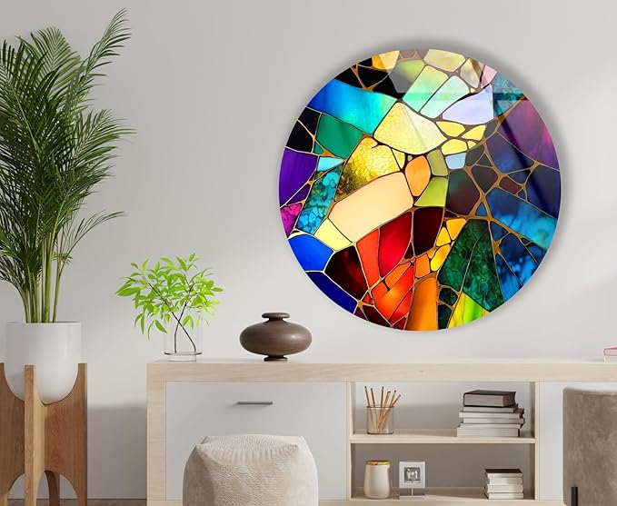 My Photostation.com 24''(60cm) Diameter Multicolor Round Stained Glass Wall Art Vibrant Mosaic Abstract Panel Tempered Glass Printing Wall Decor Large Wall Art Wall Hangings