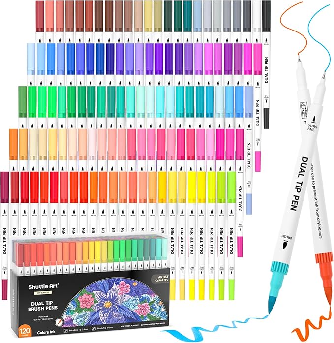 120 Colors Dual Tip Brush Marker Pens with 1 Coloring Book, Fineliner and Brush Dual Tip Markers Set, Water-based Ink Perfect for Kids Adult Artist Calligraphy Hand Lettering Journal Doodling Writing