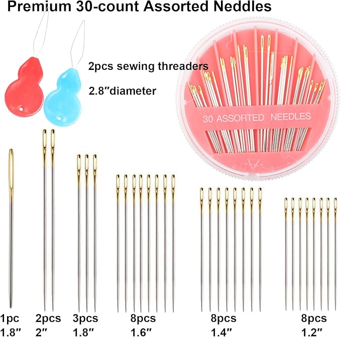 Eketirry Premium Hand Sewing Needles，4 Pack 30-Count Assorted Needles for Sewing Repair, 6 Different Sizes Sewing Needles with 2 Threaders (Pink, 4)