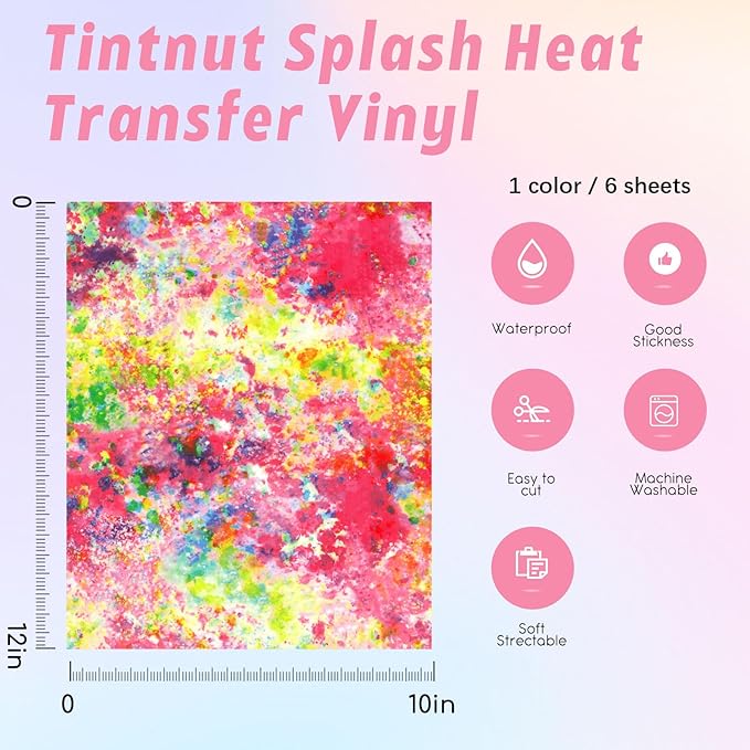 Tintnut Splash Heat Transfer Vinyl - 6 Sheets 10x12 Inch HTV Ink Watercolor Iron On Vinyl for T-Shirts Hats Clothes,for Cricut & Silhouette Cameo