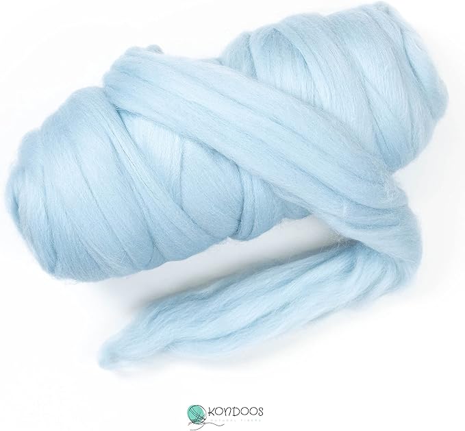 Kondoos Colored Natural Wool roving, 1 lb. Best Wool for Needle Felting, Wet Felting, handcrafts and Spinning. (Light Blue, 1 lb)