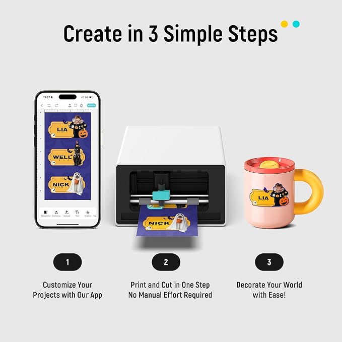 Liene PixCut S1 Color Sticker Printer & Cutting Machine - All-in-One Sticker Maker for DIY Crafts, Custom Labels & Gifts. Thermal Dye-Sublimation Photo Printer, 300 DPI, Precise AI Auto-Cutting
