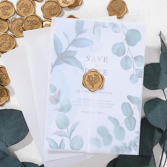 UNIQOOO 50 Sets Pre-Folded Vellum Jackets for 5x7 Invitation & Gold Eucalyptus Wax Seal Stickers, Wedding Invitations Wraps Bulk for Wedding Bridal Baby Shower Envelopes