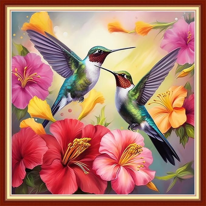 Foxhool Beginners Cross Stitch Kits Stamped Full Range of Embroidery Kits for Adults DIY Cross Stitches kit Embroidery Patterns for Needlepoint kit-Hummingbird Couple 18x18 inch