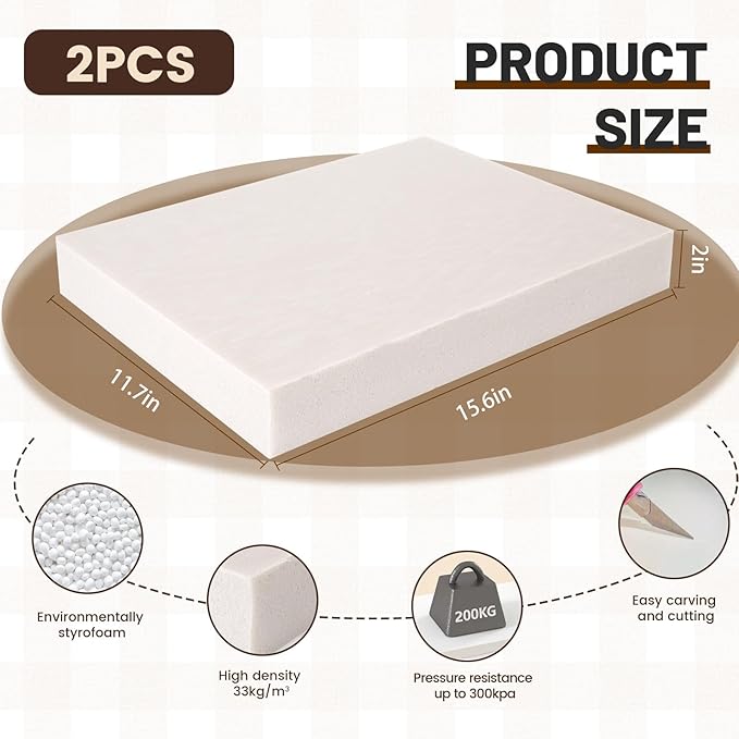 Gvereld High Density XPS Foam Board,2 Pack 15.6x11.7X 2in Polystyrene Craft Foam Sheets, Rigid and Easy to Shape,DIY Modeling Art Projects, Party Decoration, Cosplay Prop Production, Heat Insulation