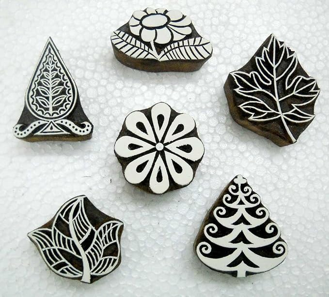 Lot of Six Floral and Leaves Design Wooden Bllock Stamps/Tattoo/Indian Textile Printing Blocks