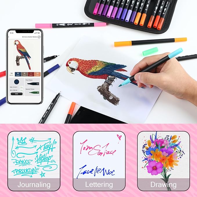100 Colors Numbered Dual Tip Brush Pens with Free App, Fine and Brush Tips Pens for Adults and Kids, Coloring Markers for Coloring Book Bullet Journaling Note Taking Planner Hand Lettering