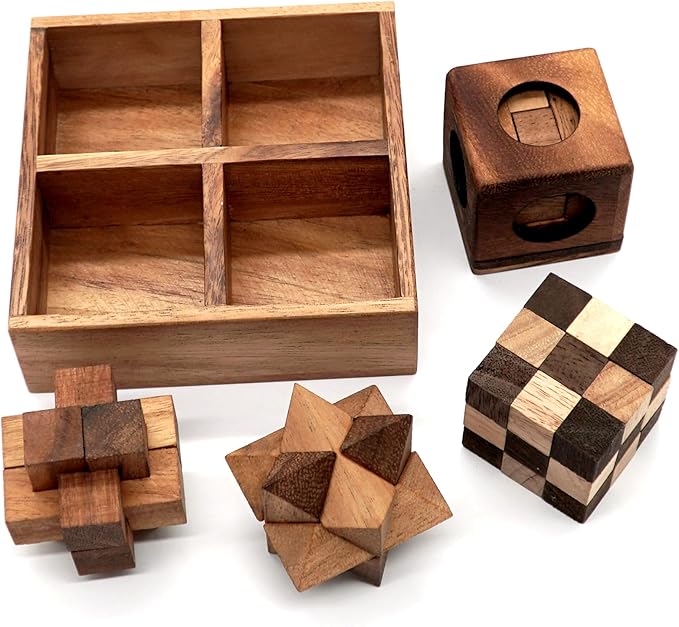 BSIRI Wooden Puzzle Box Set (4 Games) - Challenging Brain Teasers 3D Puzzles for Adults, Interlocking Games for IQ Test. Ideal for Rustic Patio Decor, Unique Gift for Christmas and Birthdays