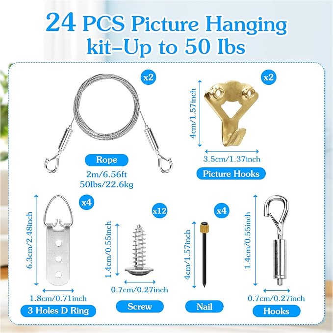 2 Pack Picture Hanging Wire Kit, Heavy Duty Picture Wire Kit for Frames & Mirrors up to 50lbs, Includes Adjustable 2m Steel Wires, D Rings & Screws, Wall Hanging Kit for Home & Gallery Use