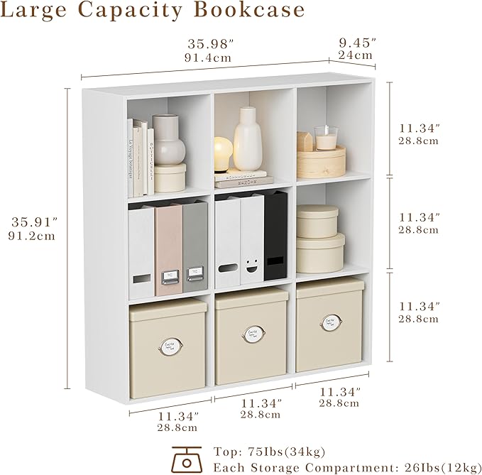 Wooden Storage Organizer with Closed Back Panel, 11in Cube Shelf Opening, Bookshelf, Display Shelf,Closet Cabinet for Home and Office (Embossed White, 9-Cube 35.98L*9.45W*35.91H)