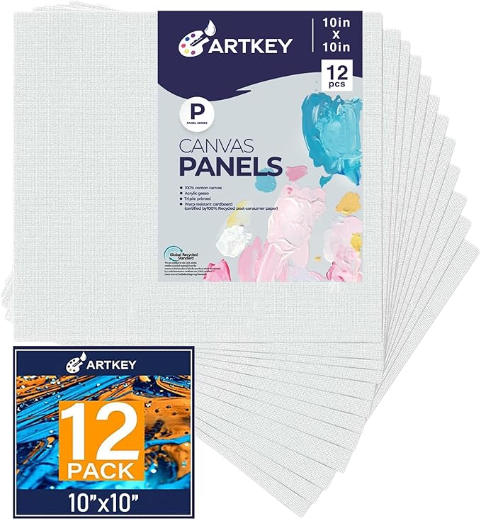 Canvas Panels 10x10 Inch 12-Pack, 10 oz Primed 100% Cotton White Blank Small Canvases for Painting, Square Flat Canvas Board for Oil Acrylics Watercolor & Tempera Paints