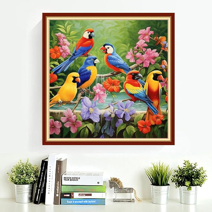 DMCVIVR Stamped Cross Stitch Kits for Adults Beginners Embroidery Kits 11CT Needlepoint Kits Cross Stitch Patterns Embroidery Patterns-Colorful Birds and Flowers 18x18 inch