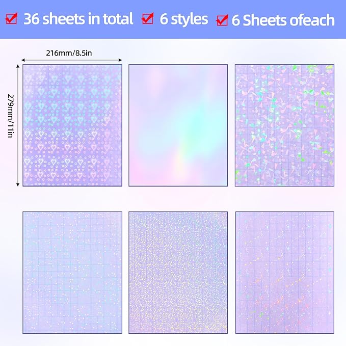 36 Sheets Holographic Sticker Paper, Clear Vinyl Lamination Sticker Film Self Adhesive, Transparent Overlay Laminate Sticker Paper Waterproof-Gem/Dots/Sand Star/Rainbow/Star/Heart, 8.5x11 Inch