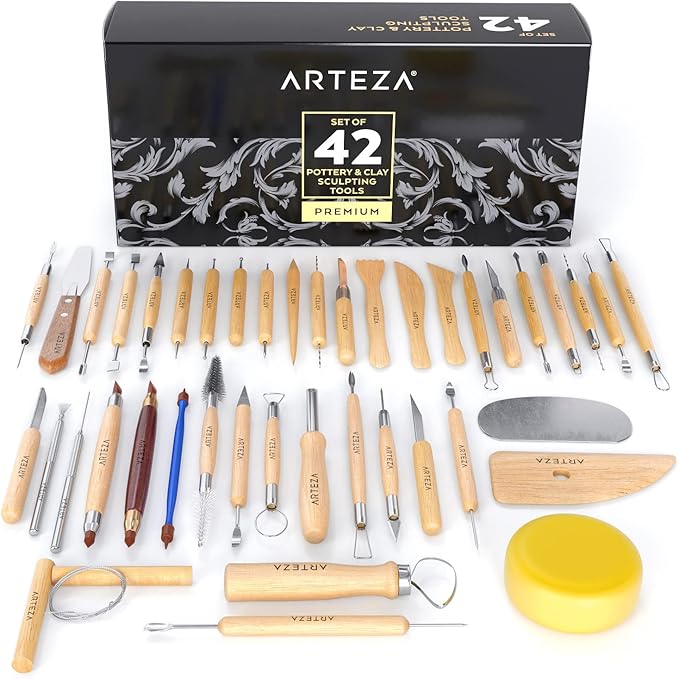 Arteza Pottery & Polymer Clay Tools, 42-Piece Sculpting Set, Steel Tip Tools with Wooden Handles, for Pottery Modeling, Smoothing, Carving & Ceramics