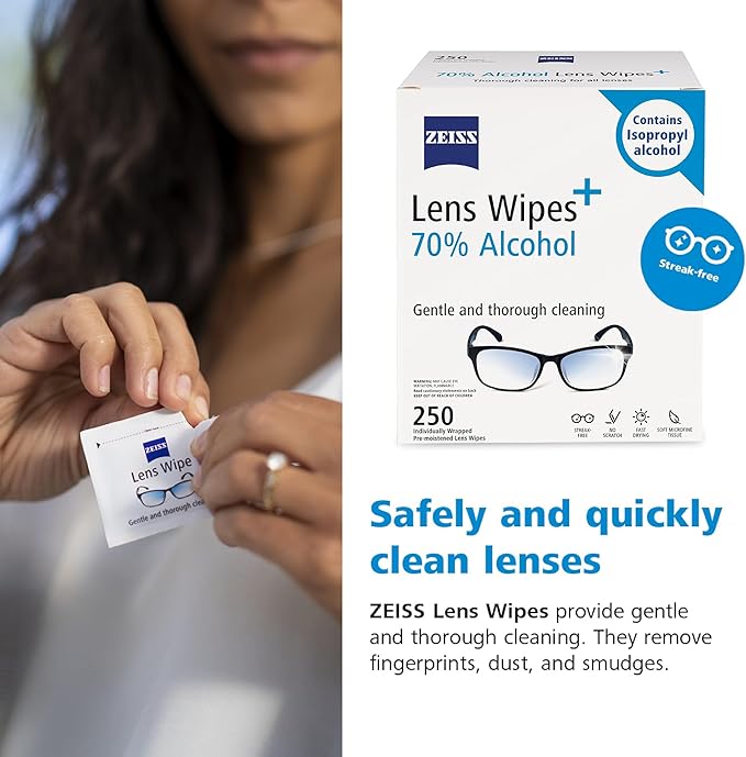 ZEISS Pre-Moistened Lens Cleaning Wipes with 70% Alcohol, 250 Count