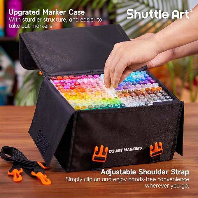 Shuttle Art 172 Colors Dual Tip Alcohol Based Art Markers,171 Colors plus 1 Blender Permanent Marker 1 Marker Pad with Case Perfect for Kids Adult Coloring Books Sketching and Card Making