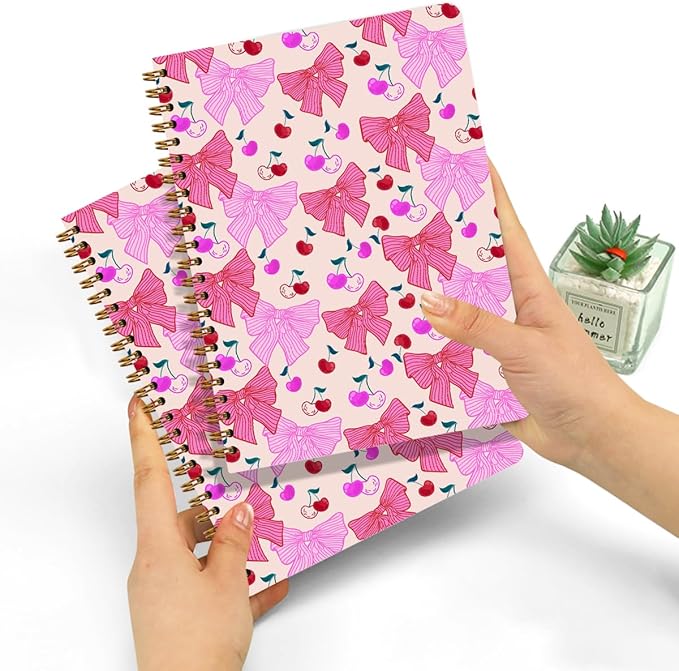 2 PCs Coquette Pink Bows Cherry Journaling Notebooks Trendy Preppy Spiral Notebook Aesthetic Design Gifts for Women Girls Note Books Journals for Writing Hardcover Notebook Office Classroom Supplies