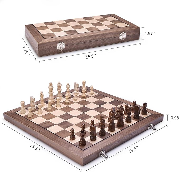 AMEROUS 15 Inches Magnetic Wooden Chess Set with 2 Extra Queens/Folding Board/Chess Pieces Storage Slots/Instructions, Portable Travel Chess Game for Beginner/Classic Board Game