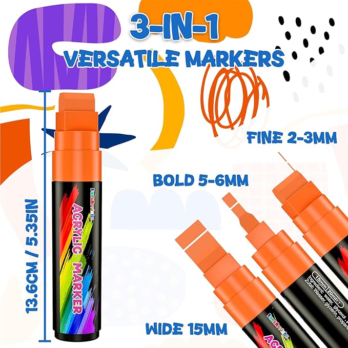 FansArriche Acrylic Paint Markers, 15mm Jumbo Felt Tip, 24 Colored Waterproof and Permanent Paint Pens for Tagging, Signs, Calligraphy, and Outdoor Paintings