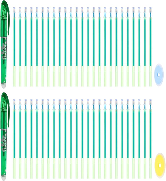 PATIKIL 2Pcs Erasable Gel Pens with 50 Refills & 2 Erasers, 0.5mm Heat Erasable Pens for Fabric Green Ink Fabric Marking Pen for Sewing Quilting Planner Writing
