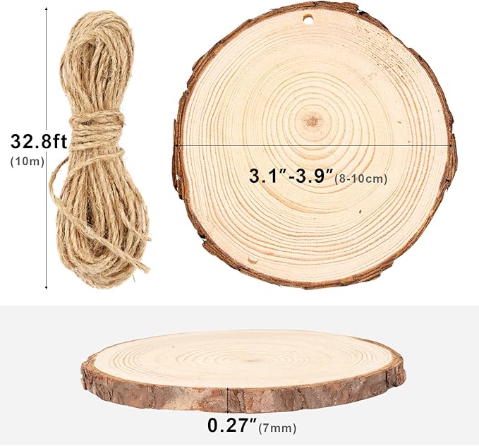 Falling in Art 3.1-4 Inches Natural Wood Slices Set for Crafts - 25Pcs Round Wood Discs with Pre-drilled Hole for DIY Projects, Christmas Ornaments and Wedding Decoration