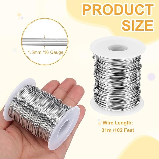 uxcell 16 Gauge / 1.5mm Anodized Aluminum Wire for Jewelry Craft Making, 102 Feet Bendable Flexible Wire for DIY Home Decor Gardening Sculpture, Silver