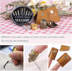 8 Pcs Thimble + 30 Pcs Sewing Needles, Finger Protector Fingertip Adjustable Metal Bronze Rings and Leather Coin Thimble for Needlework, Hand Embroidery Craft